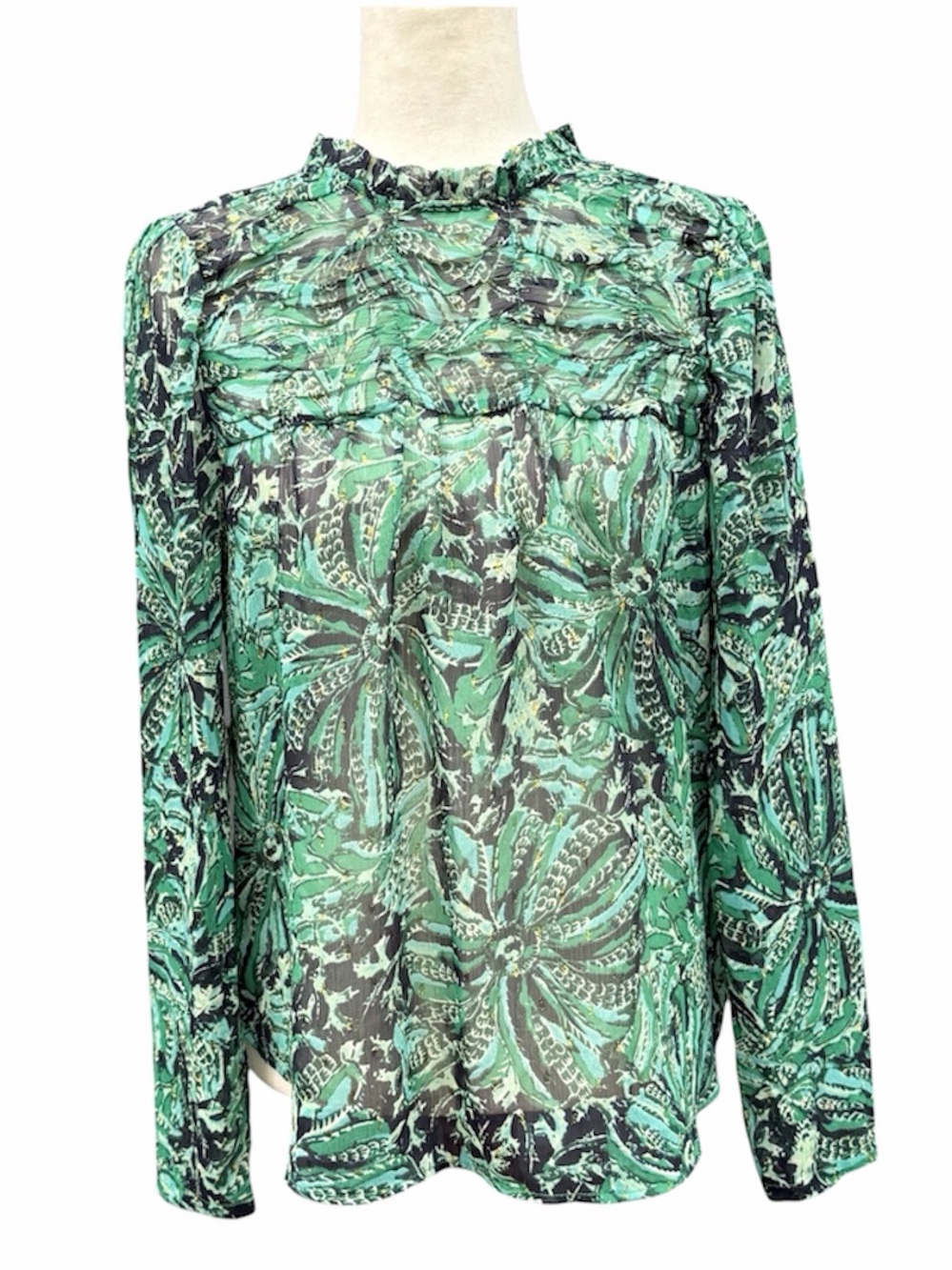 Maison d’ Amélie Paris Metallic Sheer Green Floral Smocked Long-Sleeve Blouse S